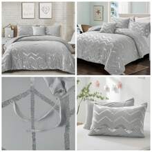 3 Pieces Grey Metallic Silver Double King Size Duvet Cover Set With 2 Pillowcases Soft Microfiber Geometric Striped Bedding Set, - Grey Metallic Silver - View 4