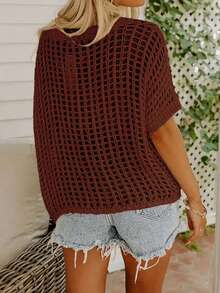 女士夏季短袖镂空套头针织毛衣，沙滩罩衫 - 棕色 - 查看 3