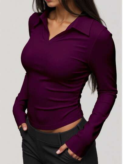 女士运动休闲紧身Polo领V领长袖上衣，适合户外休闲、跑步、运动、瑜伽和春季锻炼