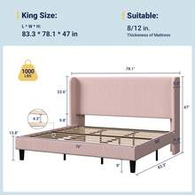 Allewie Full/Queen/King Size Bed Frame With Upholstered Wingback Headboard, Vertical Channel Tufted Corduroy Velvet Platform Bed, Strong Wooden Slats Support, No Box Spring Needed, Easy Assembly, Pink - Pink - View 11