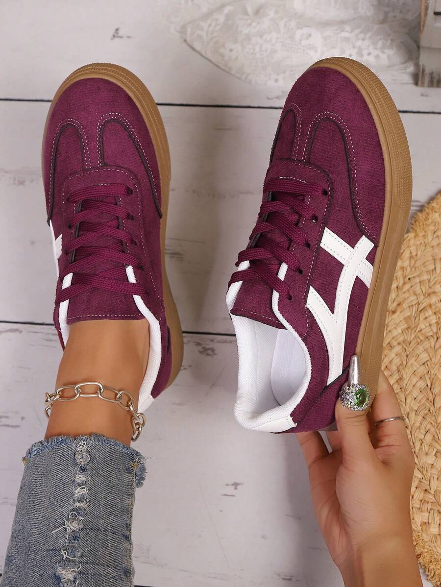 New Casual Sports Shoes, Fashion Versatile Suede-Like Lace-Up Women Sneakers, Student Shoes - Red Violet - View 1