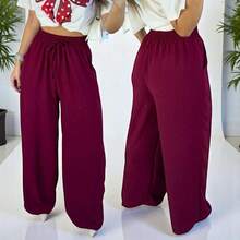Women's High Waist Wide Leg Pants With Pocket - 紅木色 - 查看 2