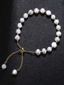 1pc Vintage White Pearl & Blue Crystal Asymmetrical Beaded Bracelet - Multicolor - View 9
