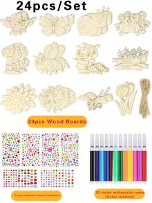 12/24pcs Wooden Insect Flower Crafts Set, DIY Handicraft Set, Creative Wooden Crafts, DIY Party Decorations, Birthday Crafts, Creative Painting Set Creative Art Handmade Supplies Creative Gift Set