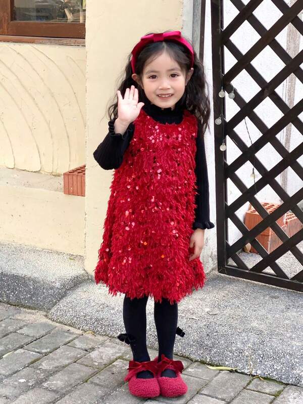 1pc Young Girls' Princess Sleeveless Sequin & Feather Embellished Thick Dress