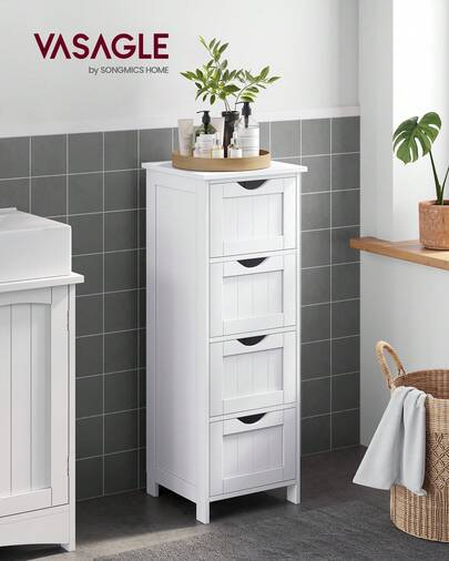  VASAGLE Bathroom Floor Storage Cabinet, Bathroom Storage With 4 Drawers, Bathroom Cabinet Freestanding, 30 X 30 X 82 Cm, Modern Style, White