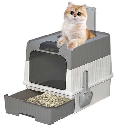 Geschlossene Katzentoilette mit Deckel und hohen Seitenwänden, spritzwassergeschützte Katzentoilette mit Schublade, extra viel Platz im Inneren und guter Luftzirkulation zur Geruchsbeseitigung, mit Schaufel, Reinigungszubehör für Haustiere, Katzenzubehör