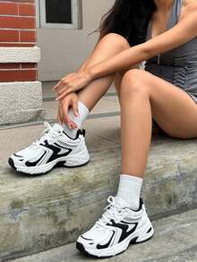 Soft Leather Thick-Soled Height-Enhancing Sneakers, Women's Breathable Mesh 2025 Spring, Summer And Autumn New Casual Running Shoes, Music Festival Millennial Style Back To School Must-Have - Đen tuyền - Xem 2