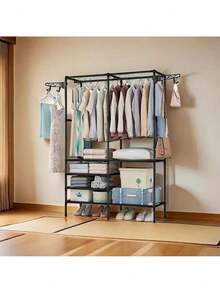 Double/Triple/Quadruple Clothes Rack Open Concept Clothes Organizer Modern Wardrobe - 黑色 - 查看 8