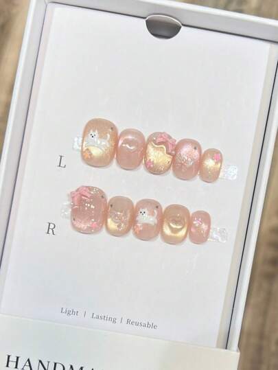 10 piezas de uñas postizas hechas a mano, uñas postizas cortas de presión, formas de uñas cuadradas y redondas, con diseños de gatos pintados a mano, de alta calidad y diseño simple, uñas postizas de cobertura completa, uñas Y2K y con relieve, uñas postizas creativas y únicas, promocionales, uñas de estilo moderno y lindo, para uso diario, uñas de primavera y verano, uñas promocionales de dibujos animados, adecuadas para mujeres y niñas, desmontables y reutilizables. Suministros de uñas