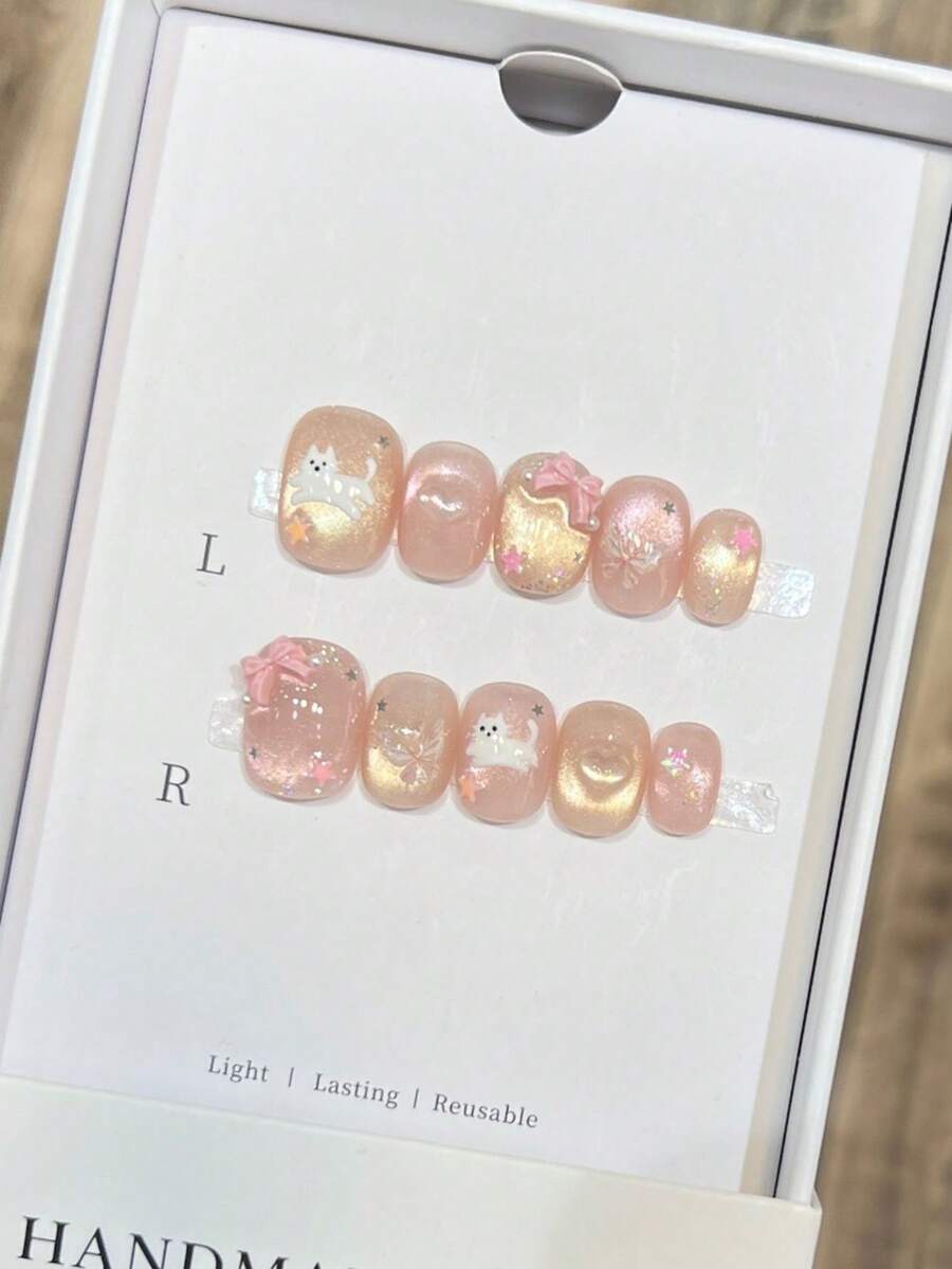 10 piezas de uñas postizas hechas a mano, uñas postizas cortas de presión, formas de uñas cuadradas y redondas, con diseños de gatos pintados a mano, de alta calidad y diseño simple, uñas postizas de cobertura completa, uñas Y2K y con relieve, uñas postizas creativas y únicas, promocionales, uñas de estilo moderno y lindo, para uso diario, uñas de primavera y verano, uñas promocionales de dibujos animados, adecuadas para mujeres y niñas, desmontables y reutilizables. Suministros de uñas