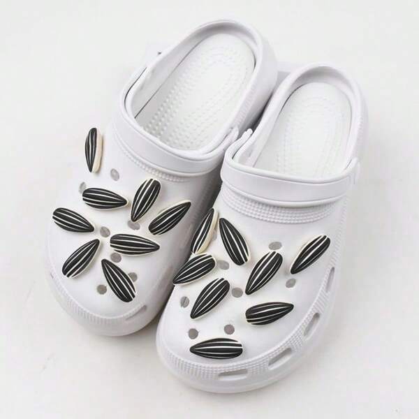 10pcs Casual Hollow Out Clogs Charms Sunflower Seeds Shaped ABS Plastic Decorative Accessories, Suitable For Beach And All Seasons