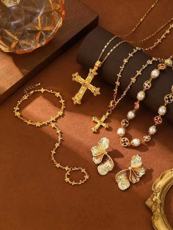 Conjunto de joias de luxo femininas douradas, 1 peça/5 peças, colar com pingente de cruz, colar longo, corrente de dedo, colar de contas e brincos de folha, adequado para eventos formais, casamentos, presentes para mulheres