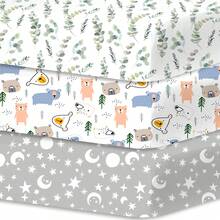 3 paquetes de sábanas para cuna, sábanas para mini cuna que se ajustan al tamaño estándar de 32" x 16" para corralito, suaves y elásticas, sábana ajustada para corralito - Ramas y hojas Fusu + osos + cielo estrellado gris claro -1 - Ver 1