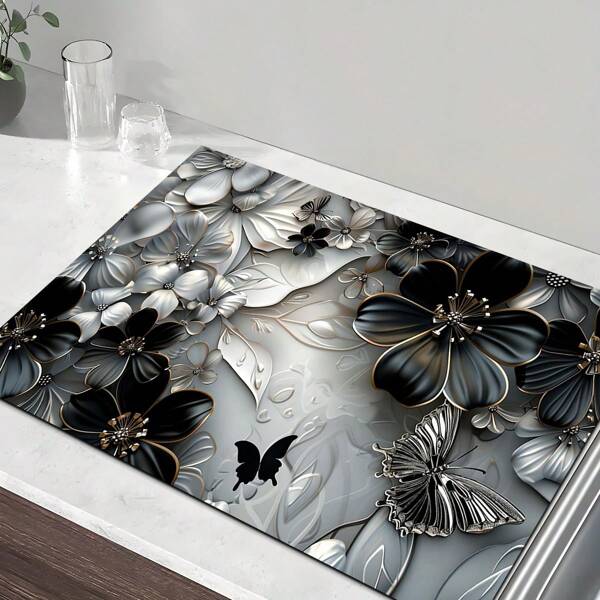 1pc 3D Visual Floral Print Silicone Mud Bath Mat, Non-Slip Vertical Bath Mat, Fashionable Laundry Room Bathroom Mat, Washable Cute Shower Rug, Home Decor Accessory, Suitable For Living Room, Bedroom, Kitchen, Entryway, Ideal Housewarming Gift