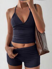 GAOVOT Women's Two Pieces Sexy Young Hot Sports Casual Running Exercise V-Neck Neck Top And Tight Shorts Suit - Màu xanh hải quân - Xem 6