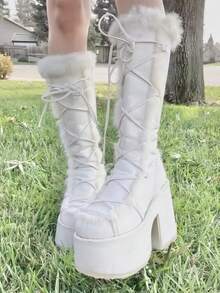 Women's Christmas Winter Furry Snow Boots Womens Mid Calf Boots Lace Up Zip Block Chunky High Heel Punk Goth Warm Fur Winter Snow Platform Knee High Boots - trắng - Xem 2