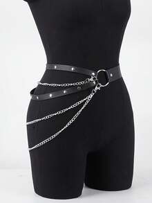 女士PU皮革链条腰带，时尚女士链条束带腰带配饰，适合派对和约会