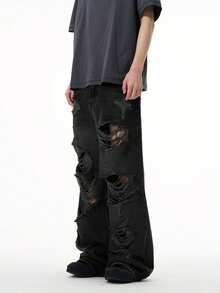 1 Quần Jeans Nam Cổ Điển Rách Rách Viền Tơ, Quần Jeans Ống Rộng Phong Cách Mỹ, Phong Cách Đường Phố Hip Hop, Phong Cách Grunge - màu đen - Xem 4