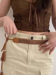 1 szt. Pasek w stylu boho z okrągłym, pustym pierścieniem, w jednolitym kolorze, w stylu vintage, kowbojki, damski pasek do talii, uniwersalny do dżinsów, sukienek, codziennego noszenia, na wakacje, na festiwal muzyczny, na Halloween - B - Zobacz 4