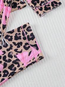 2 件豹纹蝴蝶结女士睡衣套装，时尚柔软的装扮，舒适的长袖有领纽扣衬衫，配有胸袋和宽松的抽绳裤，适合节日派对、休闲户外和室内穿着、秋冬、秋季服装 - 彩色 - 查看 8