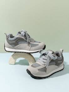Zapatos deportivos casuales con de moda para niños, zapatos de lona blancos, planos y cómodos, transpirables, zapatos ideales para estudiantes, zapatos deportivos de estilo campus, tenis deportivos casuales, zapatos versátiles - Gris - Ver 3