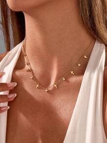 VJS 1pc Elegant Shiny Women's Necklace, 18K Gold Plated Stainless Steel Diamond Ball Cross Pendant, Hypoallergenic, European Style Jewelry - Yellow Gold - View 1