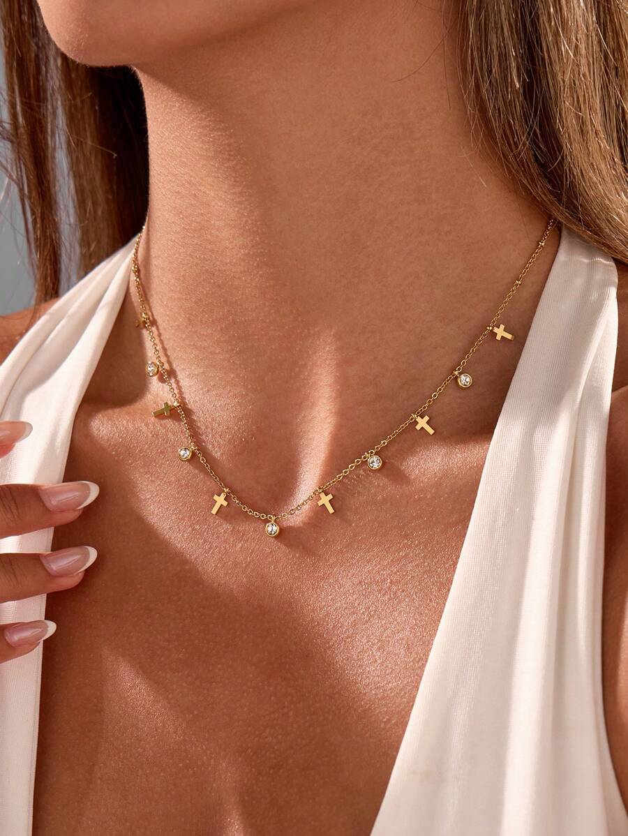 VJS 1pc Elegant Shiny Women's Necklace, 18K Gold Plated Stainless Steel Diamond Ball Cross Pendant, Hypoallergenic, European Style Jewelry - Yellow Gold - View 1