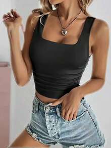 Square Neck Slim Fit Sleeveless Vest - Black - View 3