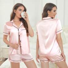 Silk Pajamas For Women Satin Womens Pajama Sets Short Sleeve Lounge Set 2-Piece Sleepwear Button-Down PJ Set Halloween Christmas New Year - 黑色 - 查看 10