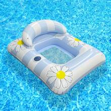 1pc Inflatable Floating Raft, Daisy Stripe Fresh Style With Middle Net, Summer Pool Water Play Inflatable Raft Swim Ring, For Pool Party And Water Gathering, Available In Single Hole Or Multi-Hole Floating Bed Set - Small Daisy Floating Raft With Middle Net - View 21