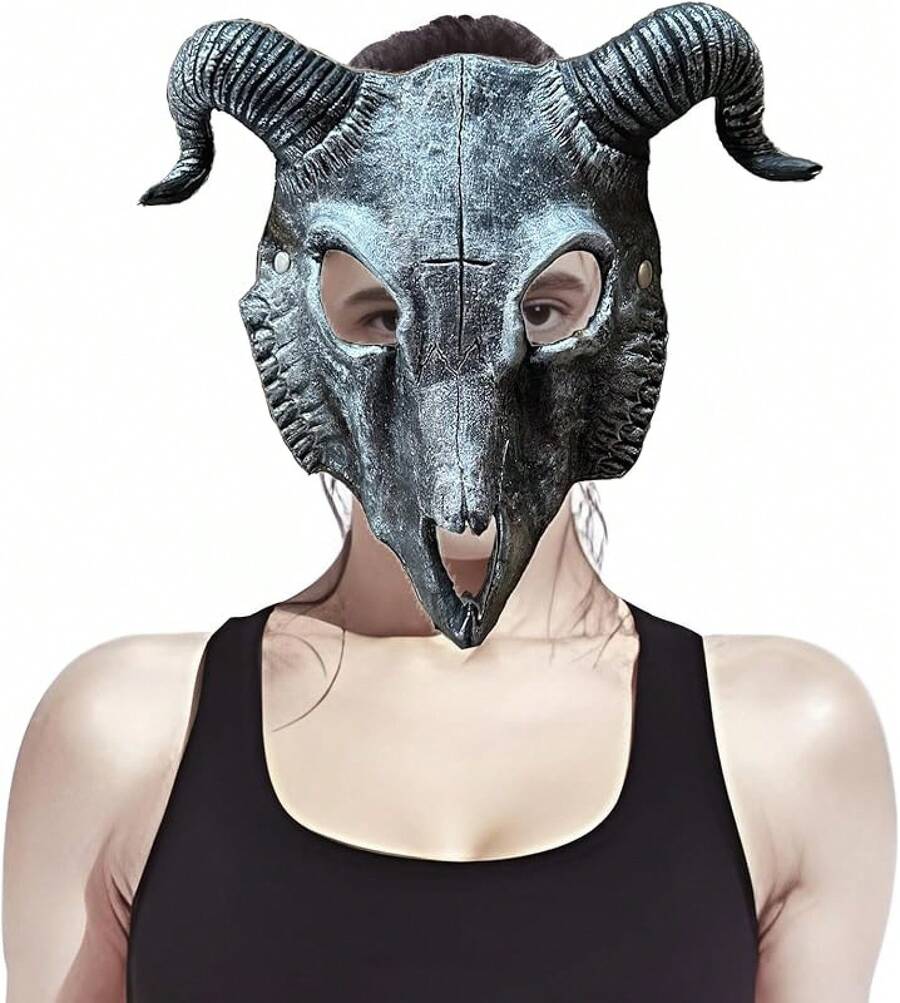áscara de Calavera de Cabeza de Cabra Gótica con Cuernos de Carneroáscara de Calavera Animaláscara de Demonioáscara Malvada Cosplay Decoración de Halloween - Cabra plateada - Ver 1
