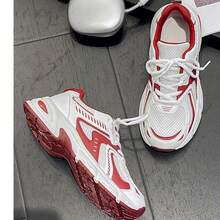 Large Size Sports Casual Shoes, Thick-Soled Sneakers, Leather And Mesh Splicing, Breathable, Versatile, Fashionable Couple Shoes, Outdoor Sports Running Shoes, Suitable For All Seasons - 白紅色 - 查看 4