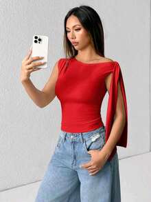 Elegant Suplex T-Shirt Top With Asymmetrical Shoulders And Straps, Ideal For Daily Use, Outings, Nightclubs, Parties, Halloween Costumes - 紅色 - 查看 6