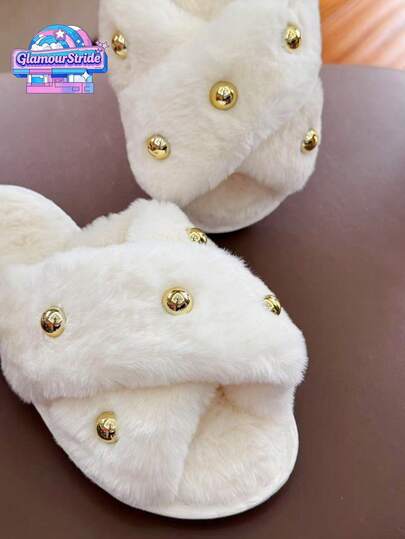 Comfortable & Warm Bedroom Slippers, Elegant Women's Slippers With Faux Pearl Decor, Plush Indoor Home Slip-On Flat Shoes, Minimalist & Non-Slip, Suitable For All Seasons
