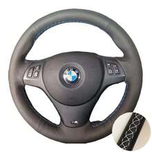 Volante de coche de cuero negro completo, funda de cuero suave trenzada para BMW E81 E90 Pack M Sport M3 E91 E92 E93 E87 E82 E88 X1 E84 - Tres hilos - Ver 11