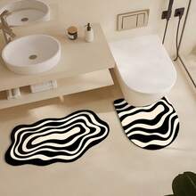 1/3件套经典黑白波浪纹家居装饰地垫套装，浴室防滑吸水地毯，硅胶复古图案浴室地垫，U型马桶洗手池吸水脚垫，2.5毫米厚玄关装饰浴室厨房装饰厨房地毯 - 波紋 - 查看 4