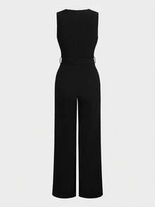 Elegant Basic French Retro High-Waisted Loose Straight-Leg Jumpsuit Pants, Suitable For Business, Commute And Daily Wear - Black - View 7