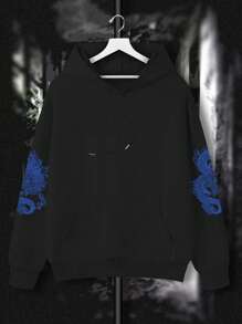 Men's Thermal Lined Hoodie With Japanese Dragon Print, Street Style, Autumn/Winter