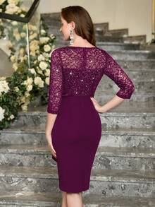 MIUSOL Sequin Floral Lace Round Neck Bodycon Semi-Formal Party Pencil Dress - Maroon - View 3