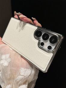 Luxury Plating Border Litchi Pattern Phone Case Compatible With Samsung Galaxy S25 S24 Ultra Plus S25Edge S24Fe Fashion Solid Color Faux Leather Protect Soft Bumper Cover - Silver - View 3