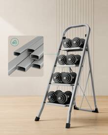 SONGMICS Step Ladder, 4-Step Ladder, Folding Ladder, Lock, Space-Saving Storage, Holds Up To 150 Kg, Grey - Grey - View 3