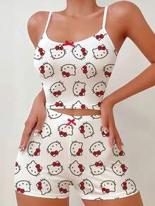 SANRIO Hello Kitty 女士睡衣套装（2 件套），春夏家居服套装，短裤 + 吊带背心，女士夏季服装，Hello Kitty 睡衣套装，包含上衣和短裤，2 件套，吊带背心套装 - 白色 - 查看 5