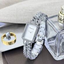 Armbanduhr für Frauen, europäischer und amerikanischer rechteckiger Armband-Stil, Luxus Doppelreihen-Kette, Quarz-Damenuhr