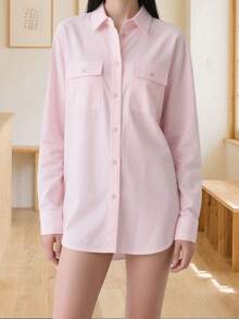 Womens Button Down Shirts Long Sleeve Casual Blouses Lapel Collar Tops With Pockets - Pink - View 1