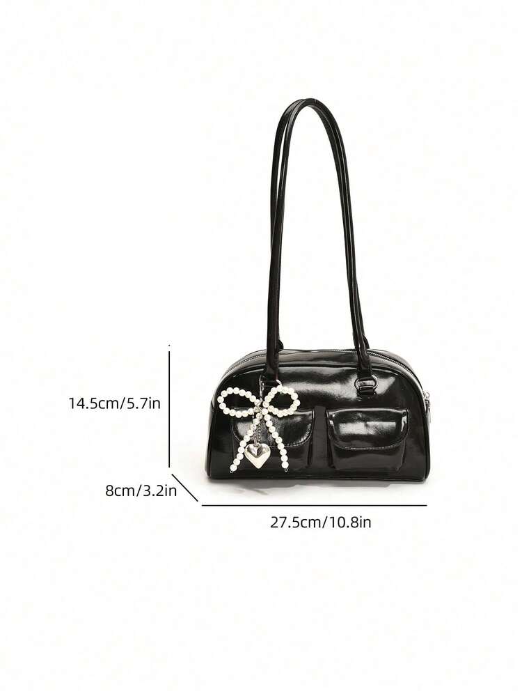 1pc CHAIKA & KILTER Solid Shiny PU Leather Shoulder Bag For Women, Fashion Multi-Pocket Large Capacity Boston Bowling Bag, Zipper Closure, Suitable For Daily And Outdoor Use (Comes With Pendant) - Black - View 2