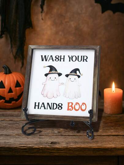 1pc Halloween Mini Bathroom Sign Decor Painting, Halloween Witch Hat Ghost Design Bathroom Door Decor, Wash Your Hands Boo Decoration With Cute Ghosts, With Stand For Indoor/Outdoor, Spooky Home Decor, Room Decor, Halloween Table Ornament,Living Room Bathroom Decor,Halloween Gift Decoration, Halloween Decor, Photography Booth Prop, Trick Or Treat Decor, Halloween Gifts