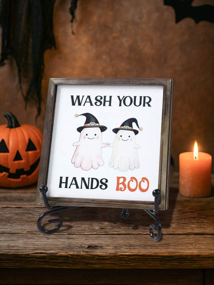 1pc 10*10cm/15*15cm Halloween Mini Bathroom Decor Painting, Wooden Halloween Witch Hat Ghost Design Bathroom Door Decoration, "Boo" Handwashing Reminder Decor With Cute Ghost, With Stand, Indoor/Outdoor Use, Horror Home Decor, Room Decoration, Halloween Desktop Ornament, Living Room Bathroom Decoration