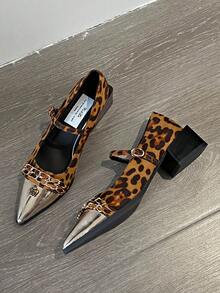 Tacones de plataforma con hebilla metálica, estampado de leopardo y bloque de color, puntera puntiaguda, estilo coreano de tacón alto, tacones medios tipo Mary Jane para mujer