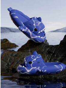 男士闪电图案鲨鱼拖鞋，舒适防滑休闲软底防臭EVA拖鞋，男士夏季室内保暖鞋，适合闺蜜节、狗狗、嘉年华、鞋子、春夏精选、伴娘礼物、房间、卧室装饰、海滩、旅行、男士、女士、度假 - 彩色 - 查看 13